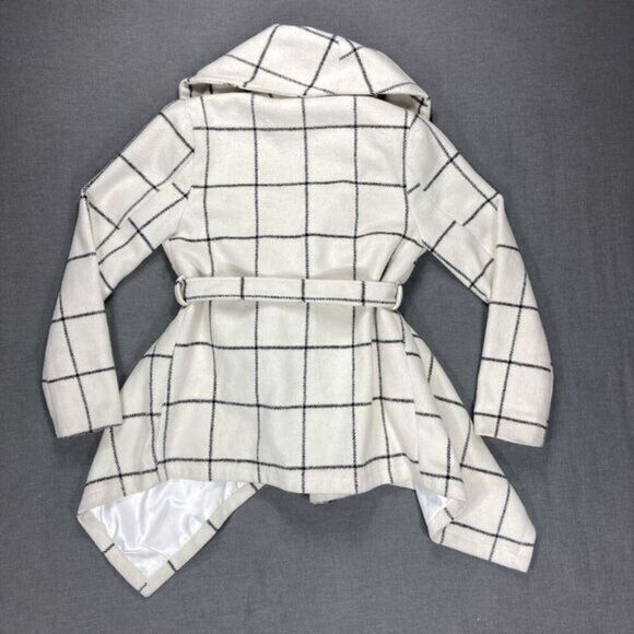 Chicwish Wool Blend Asymmetrical Coat XXS Ivory Grid Print Classic Belted Jacket - Picture 7 of 16